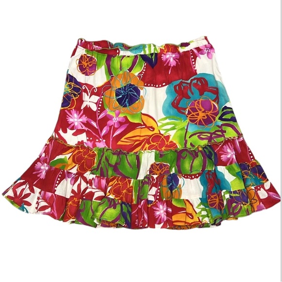 Jams World Voile Colorful Floral Hawaiian Print Ruffled Tiered Skirt Size Large - Picture 2 of 10